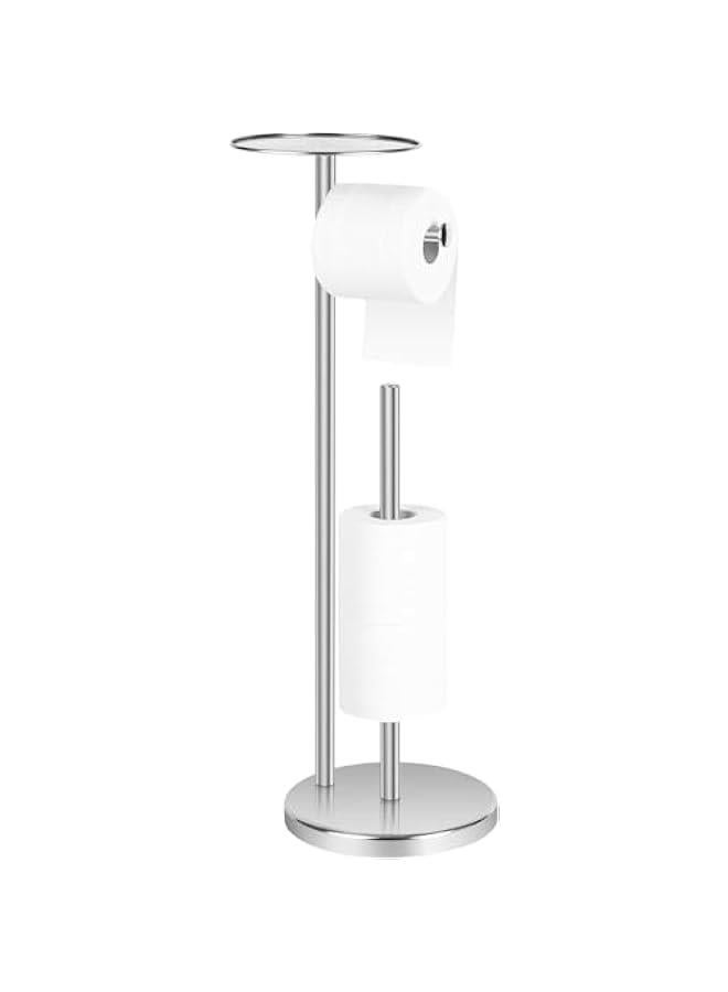 HOOKOR Toilet Paper Holder Free Standing with Top Storage Shelf, Stainless Steel Toilet Paper Holder Stand, Freestanding Toilet Tissue Roll Dispenser Holds 4 Paper Rolls, Bathroom Storage (Silver) - Image 1