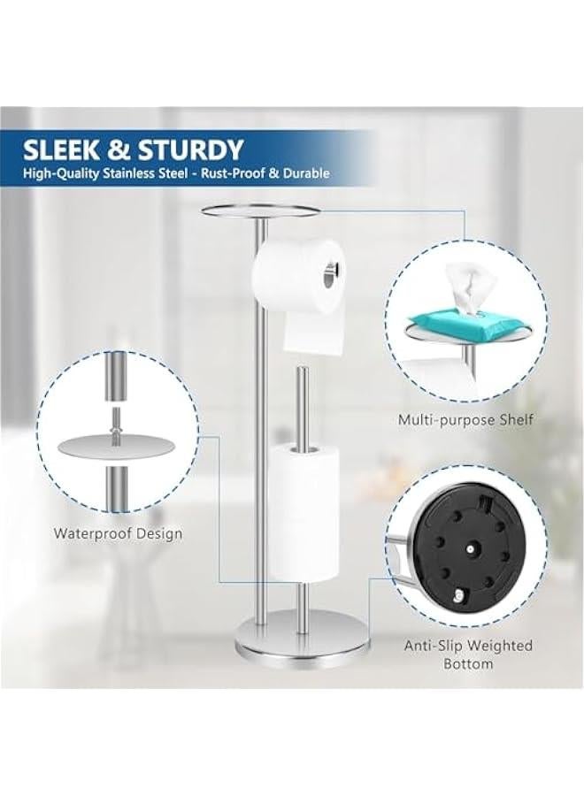 HOOKOR Toilet Paper Holder Free Standing with Top Storage Shelf, Stainless Steel Toilet Paper Holder Stand, Freestanding Toilet Tissue Roll Dispenser Holds 4 Paper Rolls, Bathroom Storage (Silver) - Image 2