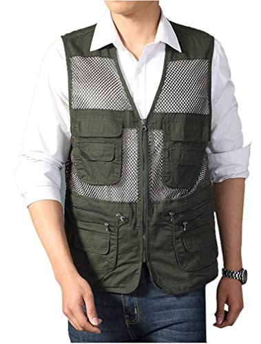 Kedera Men's Mesh Fishing Vest Photography Work Multi-pockets Outdoors Journalist's Vest Jacket (Army green, Medium) - Image 1