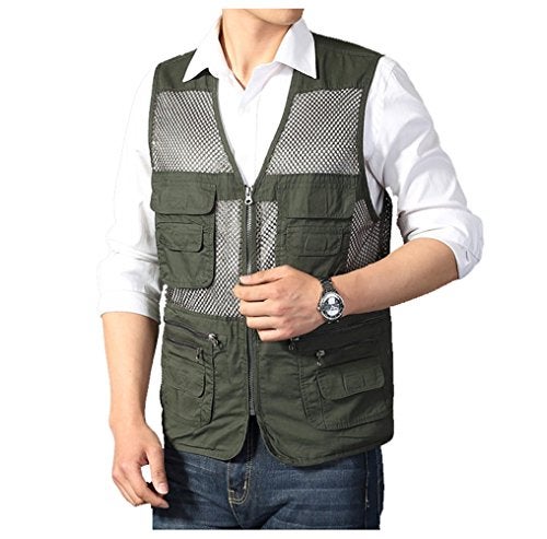 Kedera Men's Mesh Fishing Vest Photography Work Multi-pockets Outdoors Journalist's Vest Jacket (Army green, Medium) - Image 3