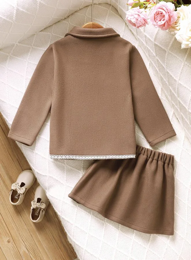 Take Two Take Two Girl's Solid Button Front Long Sleeve Pocket Detail Lace Trim Blazer With Pleated Skirt Set