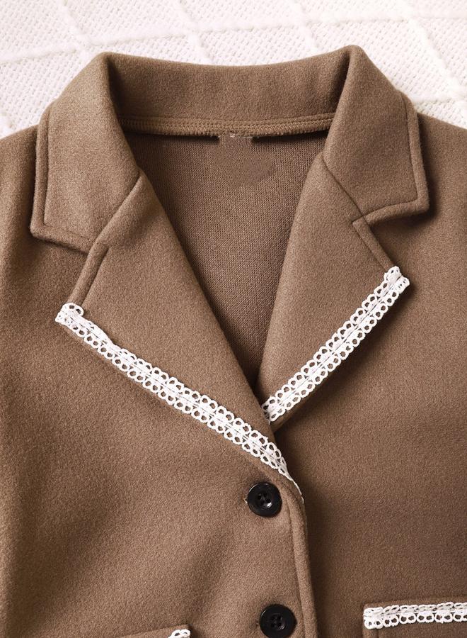 Take Two Girl's Solid Button Front Long Sleeve Pocket Detail Lace Trim Blazer With Pleated Skirt Set - Image 3