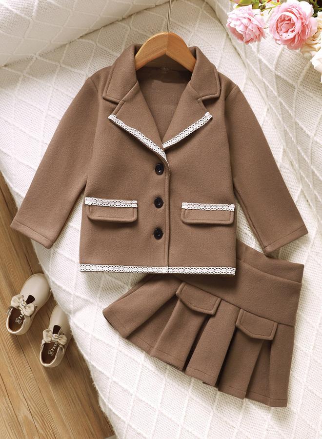 Take Two Girl's Solid Button Front Long Sleeve Pocket Detail Lace Trim Blazer With Pleated Skirt Set - Image 1
