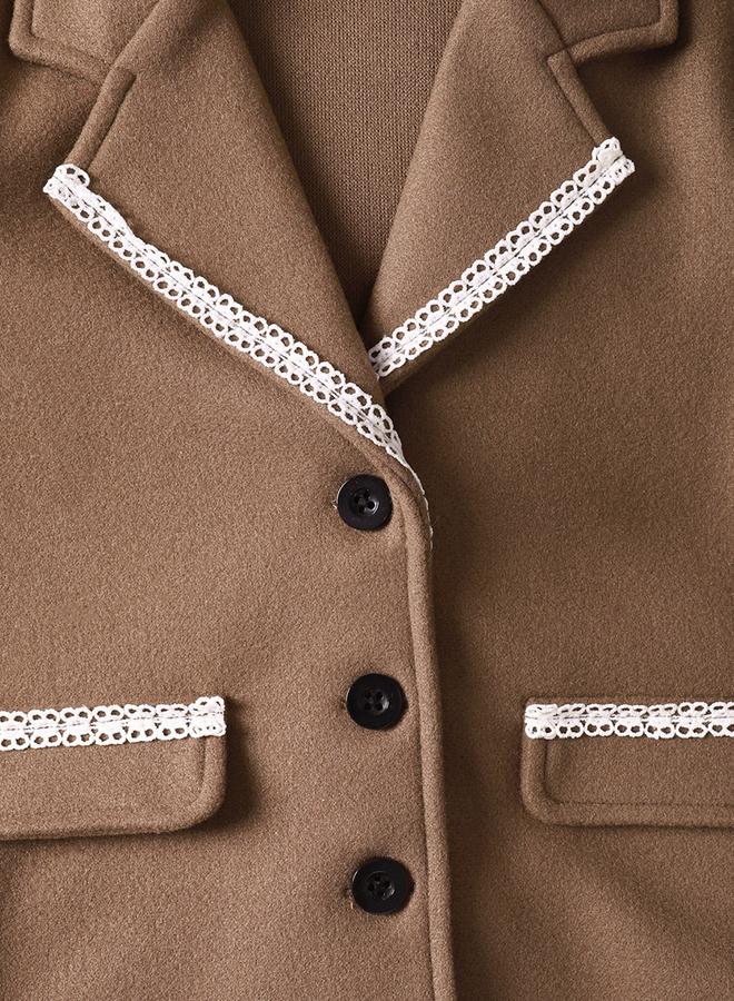 Take Two Girl's Solid Button Front Long Sleeve Pocket Detail Lace Trim Blazer With Pleated Skirt Set - Image 5