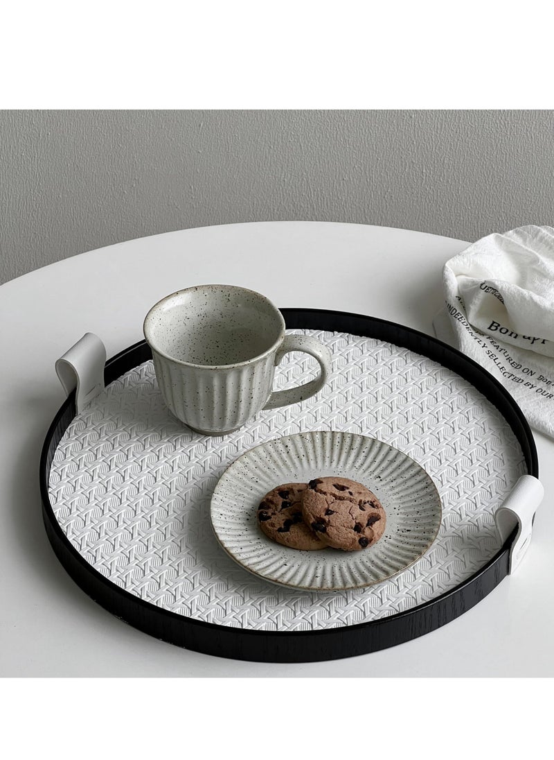 SYOSI Leather Round Serving Tray with Black Wood Frame , 12" Rattan Tray with Handles, Decorative Trays for Coffee Table, Retro Storage Tray for Living Room, Vanity, Home Decor  - Image 2