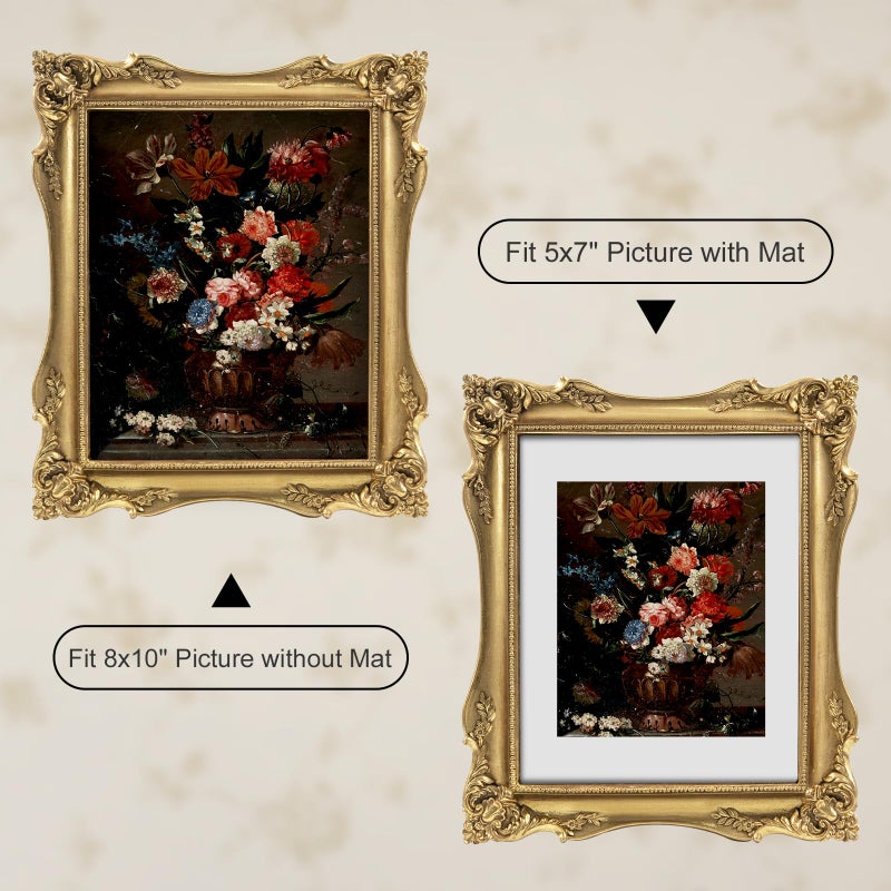 FJXMFRAME 8x10 Vintage Picture Frame Gold, Ornate Baroque Gothic Victorian Frames with Mat for 5x7 or 8 x 10 Photos, Tabletop or Wall Display, Antique Home Decor Accent - Image 2