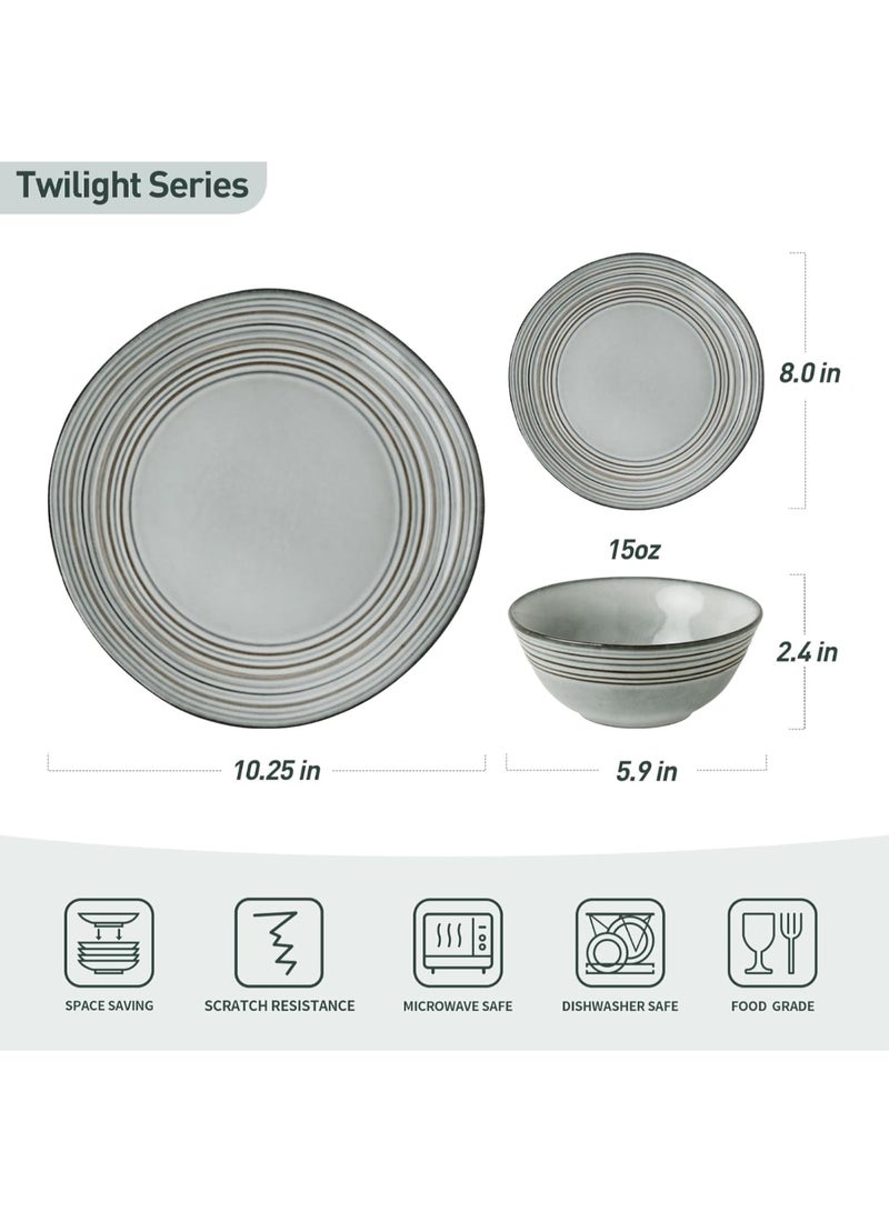 Famiware Twilight 12 Piece Stoneware Dinnerware Set, Set for 4, Scratch Resistant, Microwave & Dishwasher Safe, Ashy Blue - Image 2