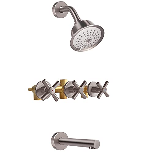 KAPHOME 3 Handles Tub Shower Faucet Set,Bathtub Faucet Set with Tub Spout,Tub and Shower Trim Kit with Valve,Wall Mounted,Brushed Nickel,KHSSN05U - Image 1