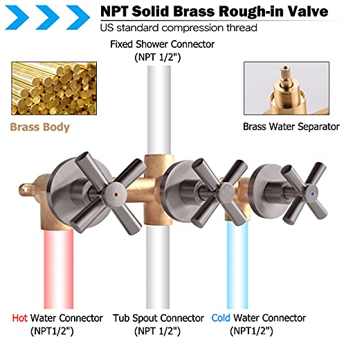 KAPHOME 3 Handles Tub Shower Faucet Set,Bathtub Faucet Set with Tub Spout,Tub and Shower Trim Kit with Valve,Wall Mounted,Brushed Nickel,KHSSN05U - Image 5