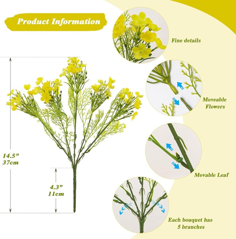 CURATED CART 2 Pcs Artificial Flowers Bunch for Home Decoration - Milan Baby Breath 35cm Artificial Faux Gypsophila Bouquets for Home, Wedding, Party, Wreath, Garden & Floral Decor, (Yellow) - Image 2