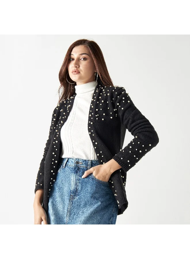 2Xtremz 2Xtremz All-Over Pearls Embellished Shrug with Long Sleeves and Pockets