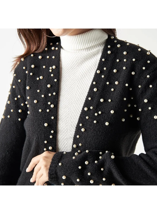 2Xtremz 2Xtremz All-Over Pearls Embellished Shrug with Long Sleeves and Pockets