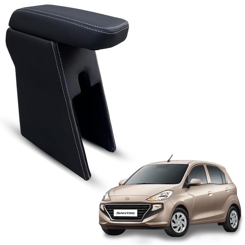 Carigiri Premium Finish Car Armrest with Storage Box And High Density Moulded Foam For Hyundai Santro (Models-2018-2024) (Black With White Double Stitching,Nappa Leatherette) - Image 1