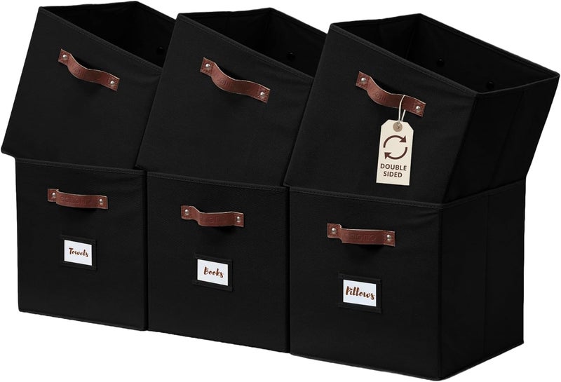 DECOMOMO Fabric Storage Cubes, Storage Bins with Labels, Baskets for Shelves Kallax Closet Toy (Cube 13" / 6pcs, Black) - Image 1