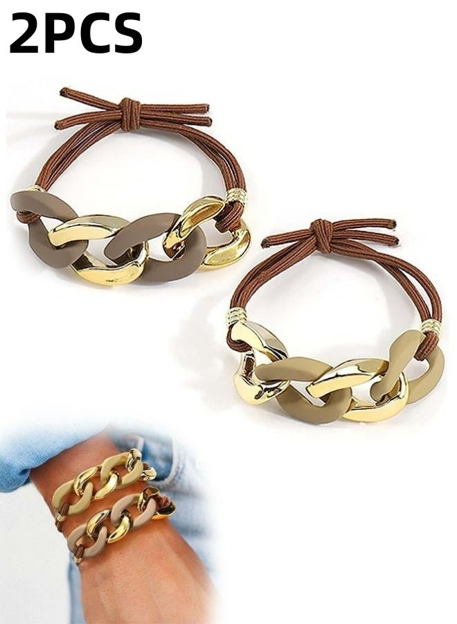 2 Pcs Chain Bracelet Hair Ties High Resilience No Damage Rubber Band Ponytail Holders Elastic Hair Accessories For Daily Wear Office School Party Gym Brown and Coffee Color - Image 1