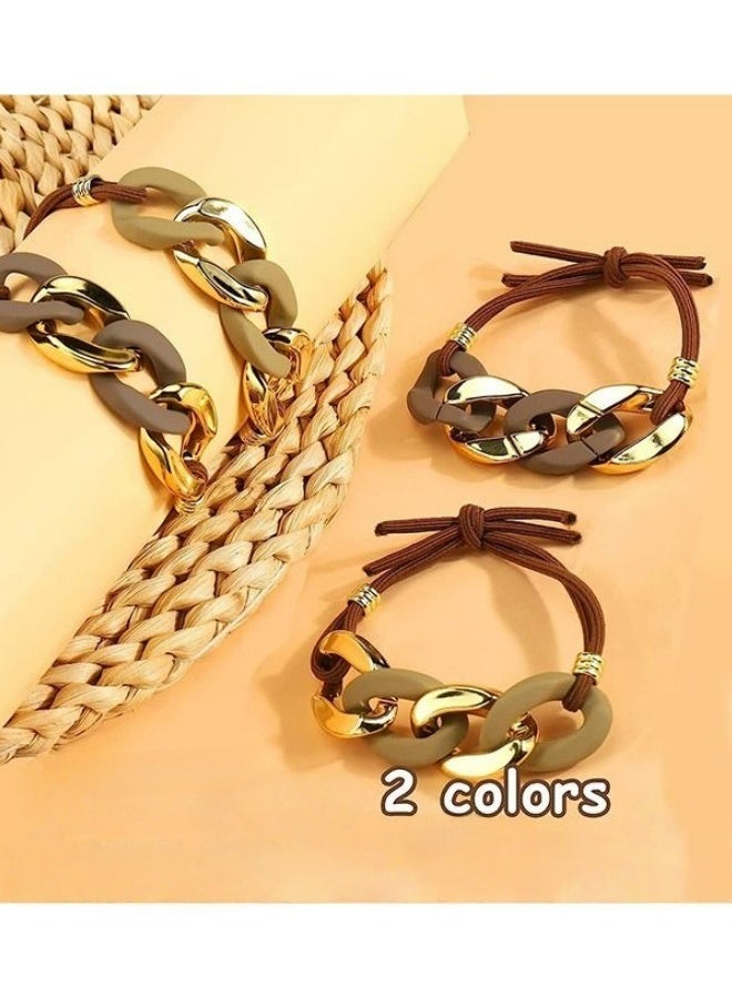 2 Pcs Chain Bracelet Hair Ties High Resilience No Damage Rubber Band Ponytail Holders Elastic Hair Accessories For Daily Wear Office School Party Gym Brown and Coffee Color - Image 5