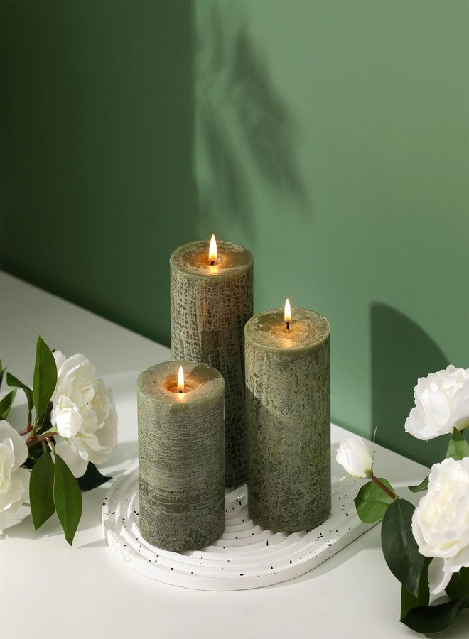 HILUMIDA Moss Green Pillar Candles Set of 3 - Hand-Poured Unscented Candles,Smokeless Dripless Candles for Dinner Table and Home, Set of 3 in Different Sizes (3"x4", 3"x5", 3"x6") - Image 3