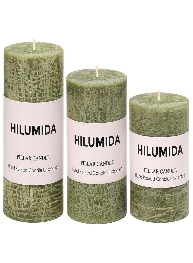 HILUMIDA Moss Green Pillar Candles Set of 3 - Hand-Poured Unscented Candles,Smokeless Dripless Candles for Dinner Table and Home, Set of 3 in Different Sizes (3"x4", 3"x5", 3"x6") - Image 1