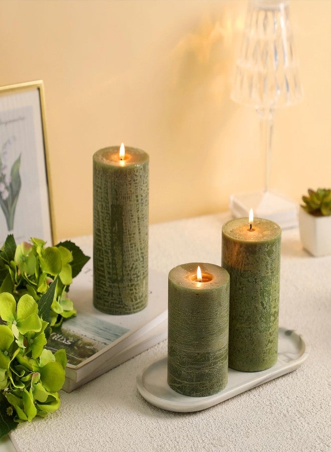 HILUMIDA Moss Green Pillar Candles Set of 3 - Hand-Poured Unscented Candles,Smokeless Dripless Candles for Dinner Table and Home, Set of 3 in Different Sizes (3"x4", 3"x5", 3"x6") - Image 2