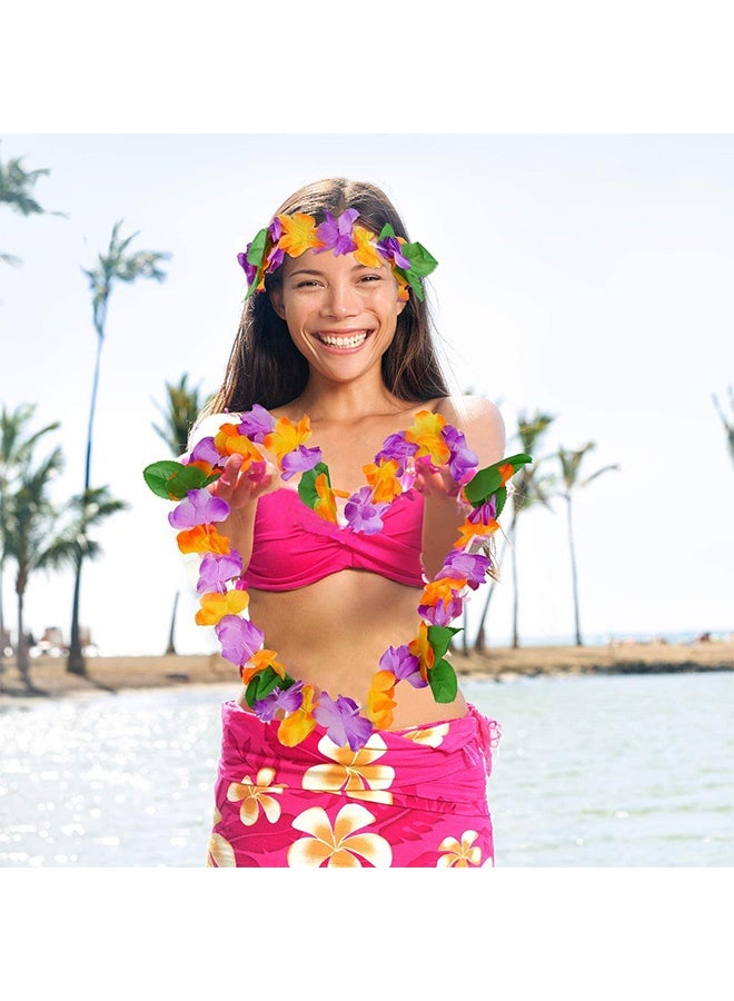 Peachjoy Hawaiian Flowers Garlands, 32 pcs Flowers For Hawaii Party Decorations Supplies, Wreath Headband With 16 Bracelets 8 Headbands And 8 Necklaces for Party Necklace Photo Booth Props DIY Latex Flowers  - Image 2