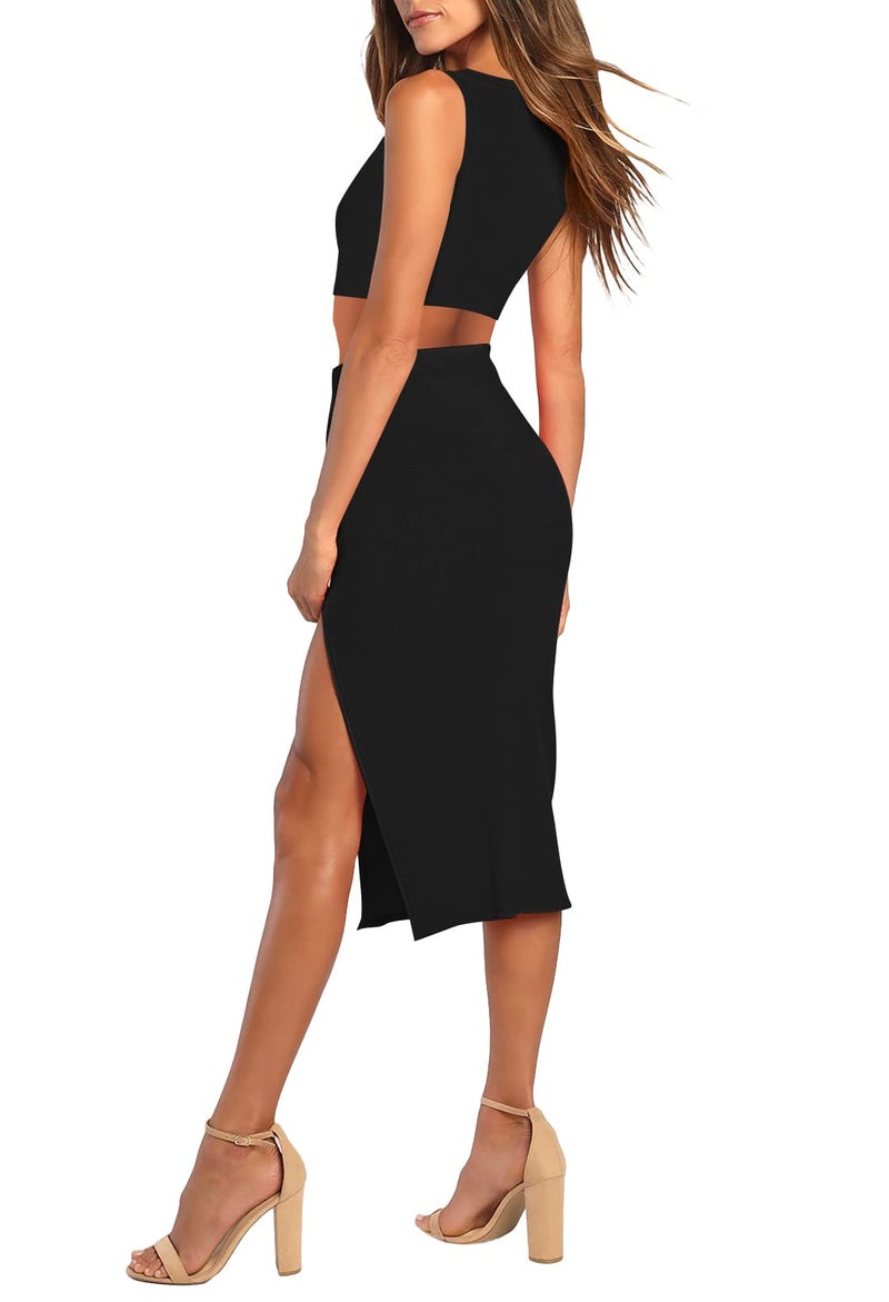 Pink Queen Women's Summer Knit 2 Piece Dress Set Crop Tank Top Bodycon Midi Skirt Cocktail Party Outfit Black M - Image 2