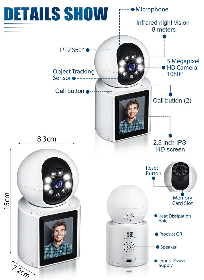 R.VIHAN - Home Office Security Surveillance Camera Two Way Video Calling Full HD 1080P WiFi Camera With 2.8 Inch Screen For Baby Kids Elders Pets 350 Degree Night Vision Smart Motion Detection Free 32GB Card - Image 1