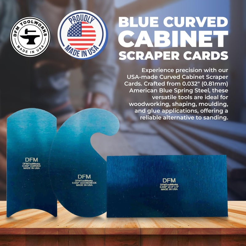 DFM Tool Works Blue Curved Cabinet Scraper Cards - Cabinet Scraper for Woodworking, Card Scraper Tool for Precision and Fine Finishes - Ideal Tool for Woodworking Projects - Made in USA (Set of 3) - Image 2