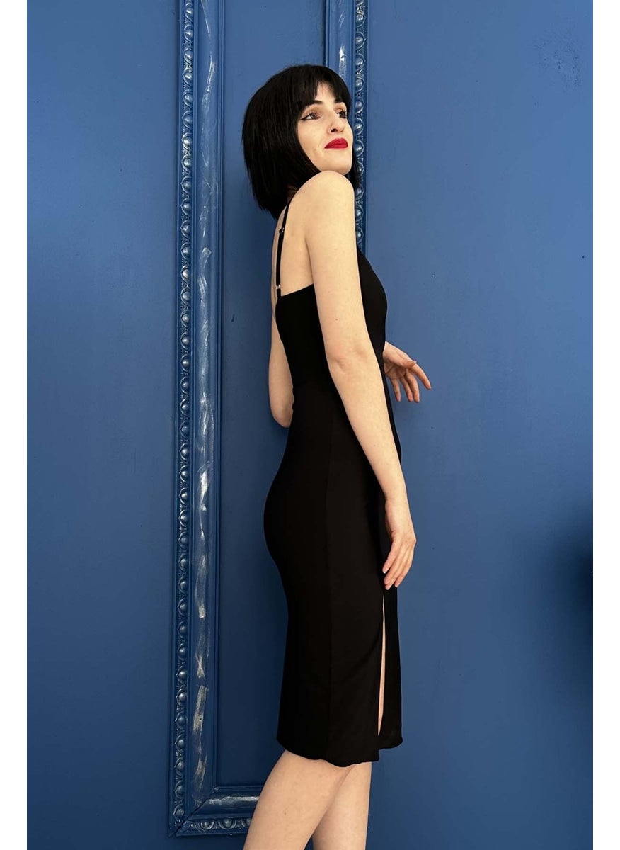 Due Stelle Women's Black Front Slit Lycra Dress - No Underwear  - Image 4