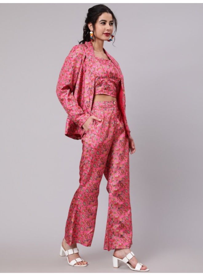 AKS Pink & Yellow Floral Printed Top & Blazer With Pant Set  - Image 4