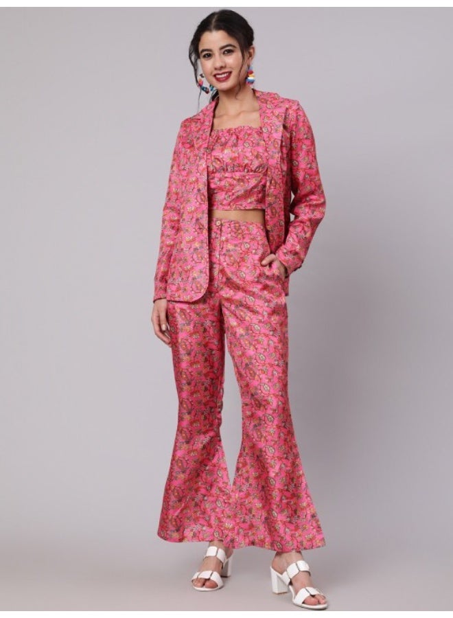 AKS Pink & Yellow Floral Printed Top & Blazer With Pant Set  - Image 1