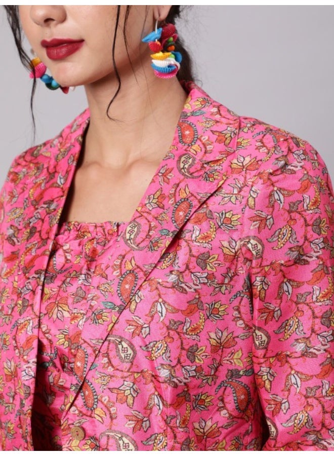AKS Pink & Yellow Floral Printed Top & Blazer With Pant Set  - Image 2