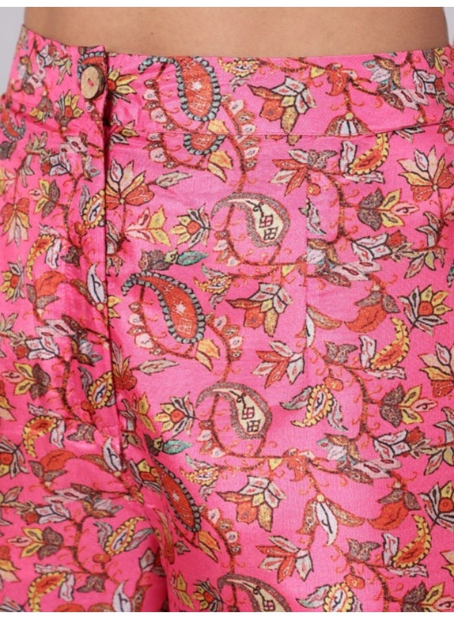 AKS Pink & Yellow Floral Printed Top & Blazer With Pant Set  - Image 3