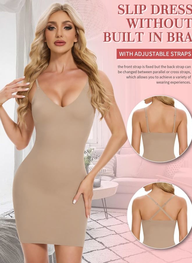 SLIMBELLE Shapewear Slips For Under Dress Deep V Neck Adjustable Strap Tummy Control Full Slip Seamless Shaper For Women, Beige, S - Image 3