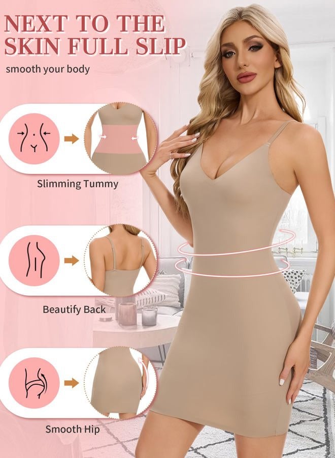SLIMBELLE Shapewear Slips For Under Dress Deep V Neck Adjustable Strap Tummy Control Full Slip Seamless Shaper For Women, Beige, S - Image 2