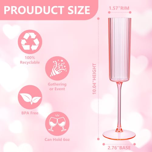 Joyido 36 Pack Pink Plastic Champagne Flutes 6oz Ribbed Disposable Champagne Glasses Clear Pink Vintage Mimosa Glasses with Long Stem Elegant Lightweight for Valentines Day Wedding Party - Image 5