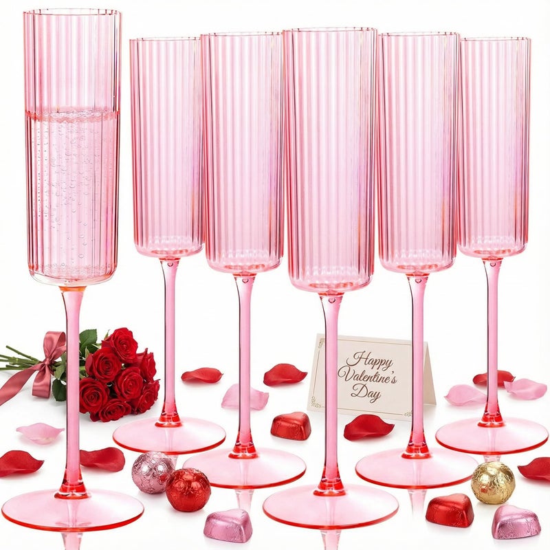 Joyido 36 Pack Pink Plastic Champagne Flutes 6oz Ribbed Disposable Champagne Glasses Clear Pink Vintage Mimosa Glasses with Long Stem Elegant Lightweight for Valentines Day Wedding Party - Image 3