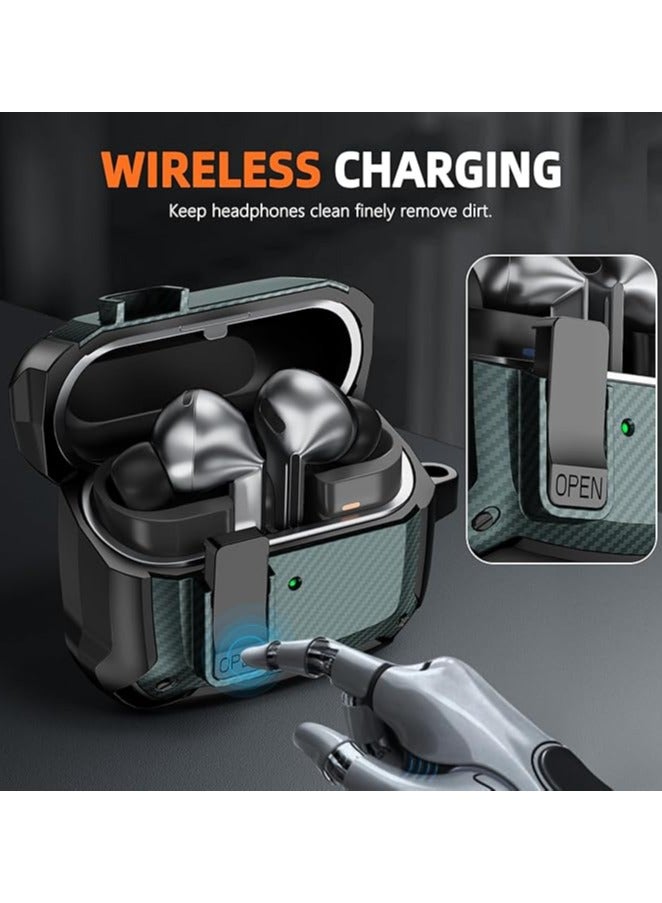 Carbon grain surface Cover Case Compatible With Samsung Galaxy Buds 3 Pro /Bud3 Lock Clip,Protective anti-fall Skin-- Green - Image 3