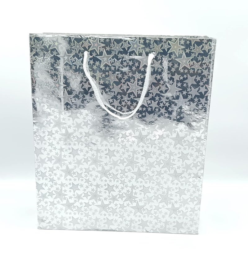 Gold Leaf GOLD LEAF Glitter Paper Bags 12Pcs With Handles,Reusable Iridescent Gift Bags for Baby Shower Gift Bags,Christmas, Party Wrapping Solution(23 x 8 x 27 Cm)(Silver)  - Image 1