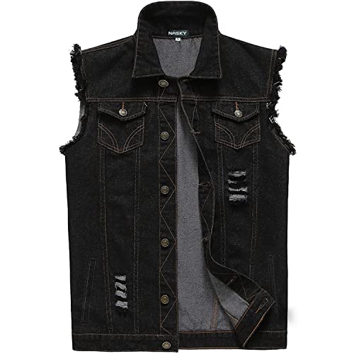 NASKY Men's Fit Retro Ripped Denim Vest Sleeveless Jean Vest and Jacket (Large, Black) - Image 1