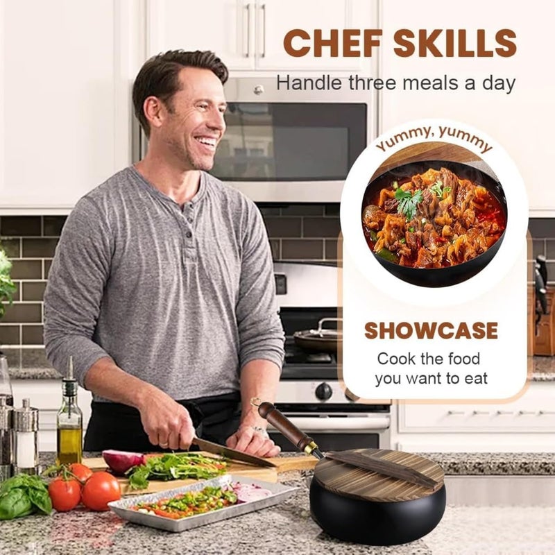 إكسفور مقلاة حديد يابانية، مقلاة غير لاصقة، قدر حديد سميك غير مطلي، قاعدة عريضة ومستديرة، متينة وخالية من الصدأ للاستخدام على مواقد الكهرباء والحث والغاز، للطهي المنزلي - Image 4