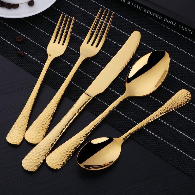 Bisda 5Piece Gold Silverware Flatware Set Service for 1 Stainless Steel Cutlery Set Include Dinner Knife Table Fork Table Spoon Salad Fork Tea Spoon for Wedding Dishwasher Safe  - Image 2