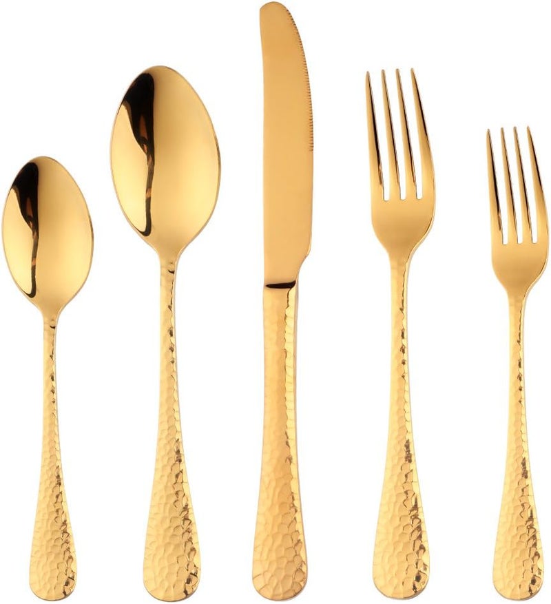 Bisda 5Piece Gold Silverware Flatware Set Service for 1 Stainless Steel Cutlery Set Include Dinner Knife Table Fork Table Spoon Salad Fork Tea Spoon for Wedding Dishwasher Safe  - Image 1