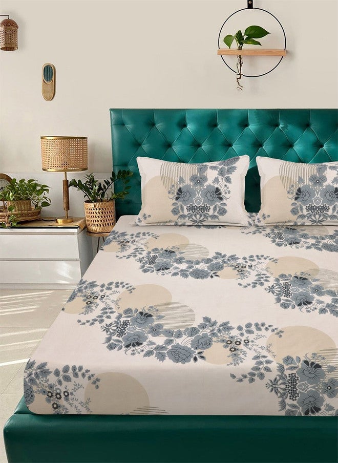 Arrabi Off White & Grey Floral 350 TC King Bedsheet with 2 Pillow Covers - Image 2