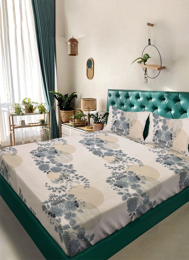 Arrabi Off White & Grey Floral 350 TC King Bedsheet with 2 Pillow Covers - Image 1
