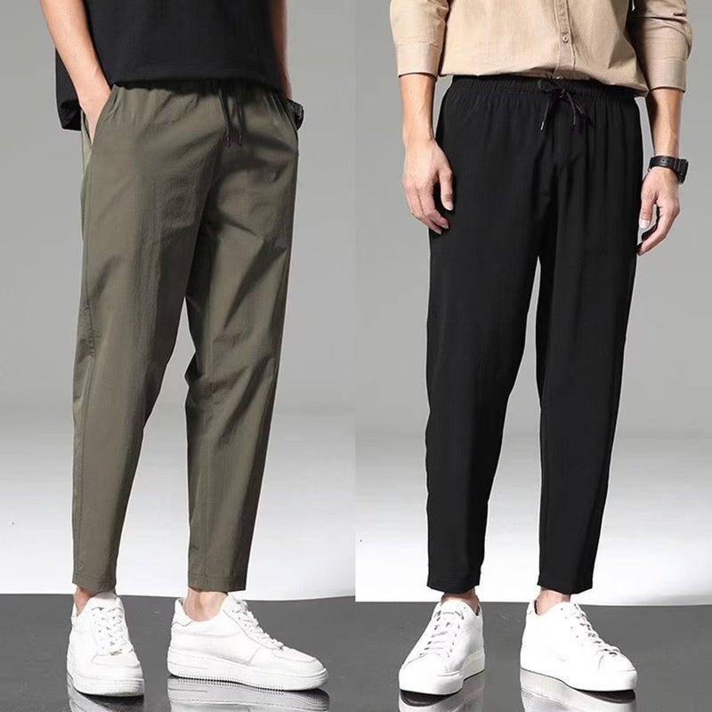 Thin Summer Ice Silk Pants Mens Summer Breathable Loose Simple Straight Casual Pants Mens Sports Cropped Pants Mens Green - Image 2