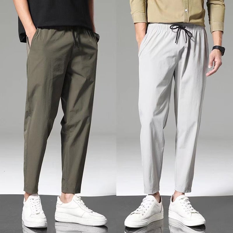 Thin Summer Ice Silk Pants Mens Summer Breathable Loose Simple Straight Casual Pants Mens Sports Cropped Pants Mens Green - Image 1