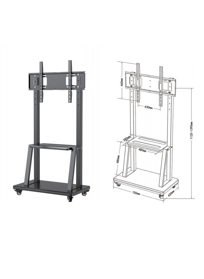 عربة حامل تلفزيون متنقلة شديدة التحمل مزودة بعجلات، ارتفاع قابل للتعديل للوحات الذكية وشاشات LCD/LED/OLED من 32 إلى 75 بوصة، سعة 220 رطلاً، حامل متحرك محمول مع رف تخزين (أسود) - Image 2