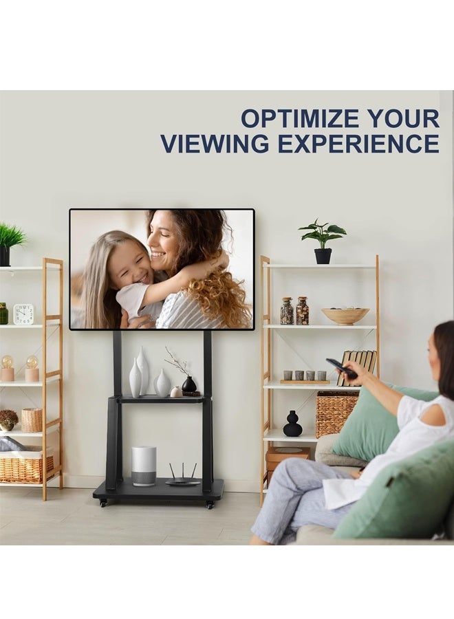 عربة حامل تلفزيون متنقلة شديدة التحمل مزودة بعجلات، ارتفاع قابل للتعديل للوحات الذكية وشاشات LCD/LED/OLED من 32 إلى 75 بوصة، سعة 220 رطلاً، حامل متحرك محمول مع رف تخزين (أسود) - Image 4