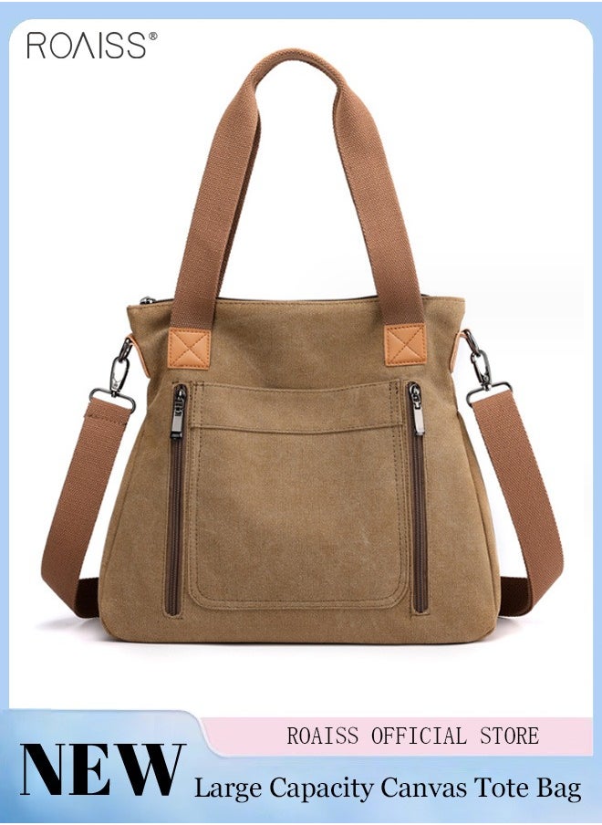 roaiss - Women's Fashion Canvas Tote Bag Large Capacity Multi Pocket Handbag Hardware Practical Fabric - Image 1