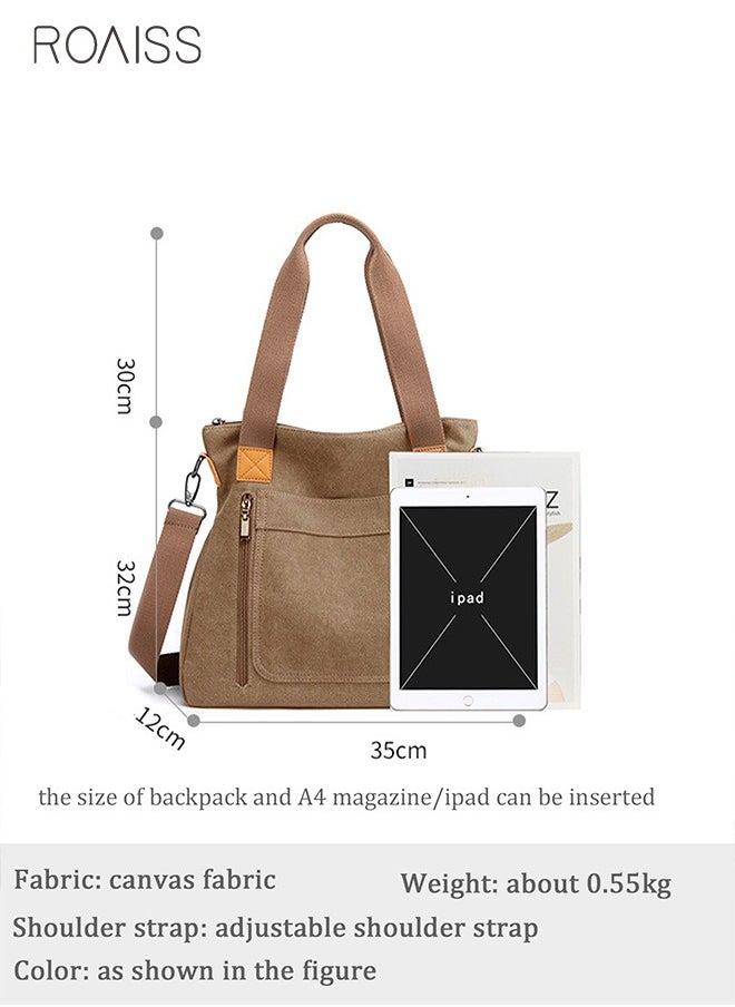 roaiss - Women's Fashion Canvas Tote Bag Large Capacity Multi Pocket Handbag Hardware Practical Fabric - Image 1
